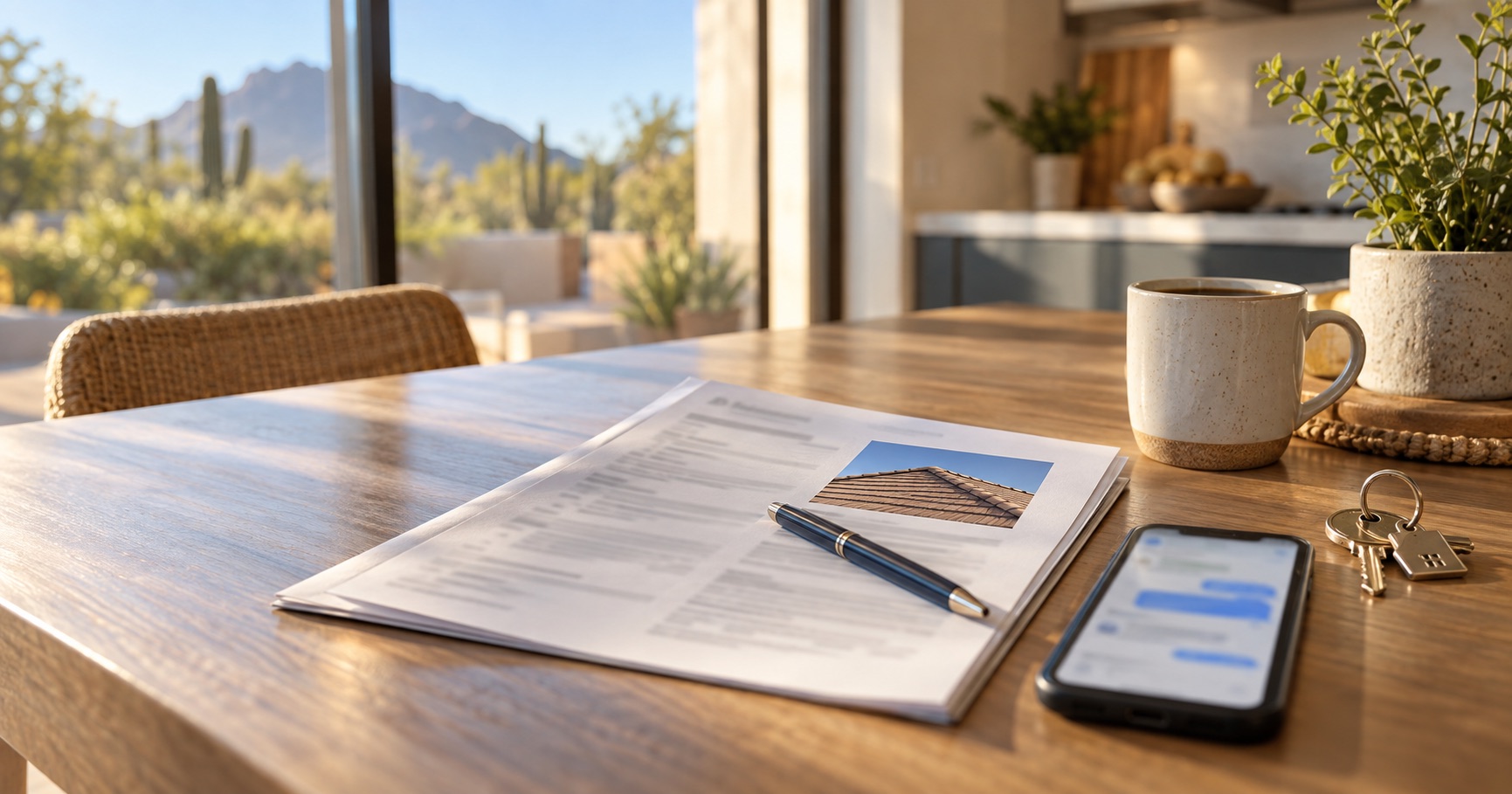 Printed home inspection report with a roof photo, a pen, a phone, coffee and house keys on a kitchen table with a Sonoran desert view